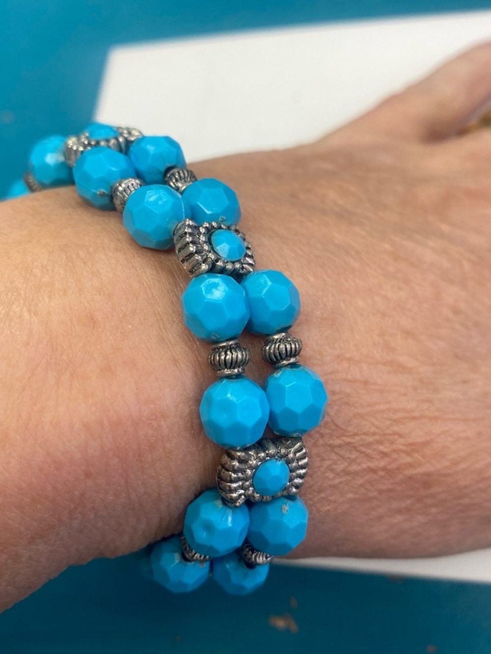 Turquoise Beaded Stretch Bracelet with Silver Accents